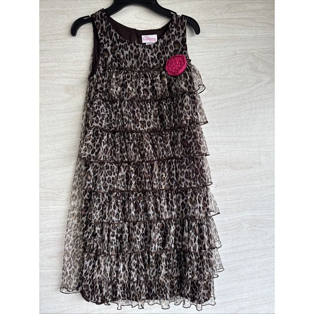 Blooms De Jeune Fille girl's sleeveless ruffled dress featuring a leopard S 12.5